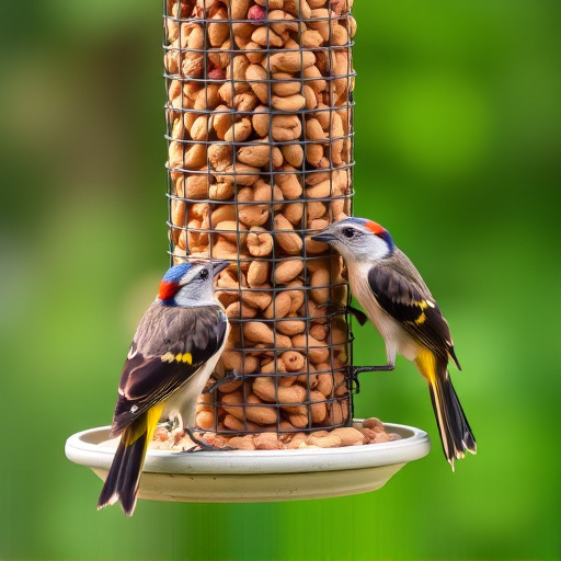 Birds eating peanuts from feeder