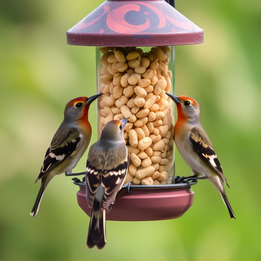 Birds eating peanuts from feeder