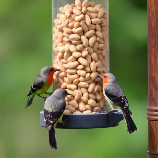 Birds eating peanuts from feeder