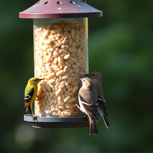 Birds eating peanuts from feeder