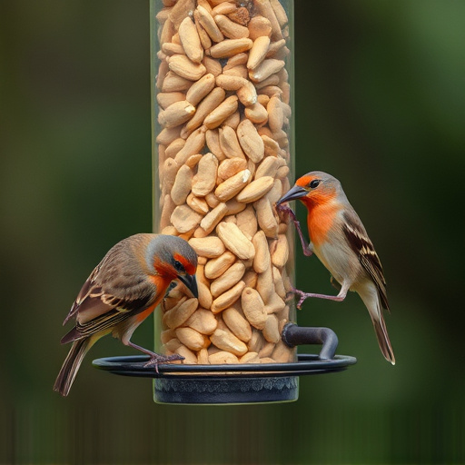 Birds eating peanuts from feeder