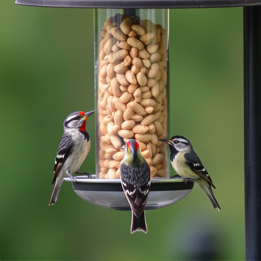 Birds eating peanuts from feeder