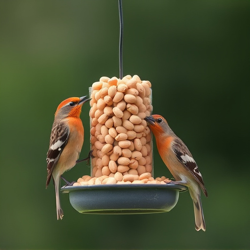 Birds eating peanuts from feeder