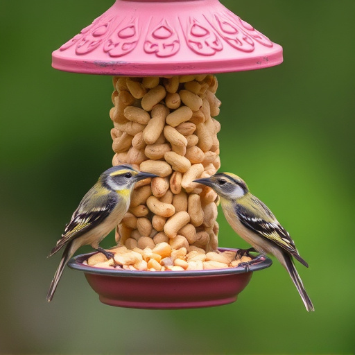 Birds eating peanuts from feeder