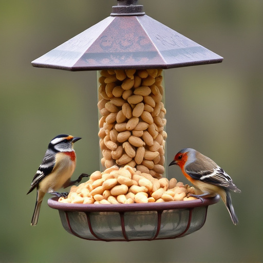 Birds eating peanuts from feeder