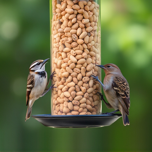 Birds eating peanuts from feeder