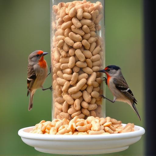 Birds eating peanuts from feeder