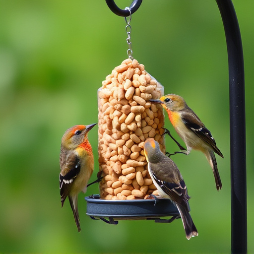 Birds eating peanuts from feeder