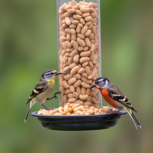 Birds eating peanuts from feeder