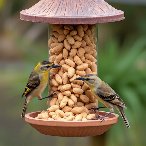 Birds eating peanuts from feeder
