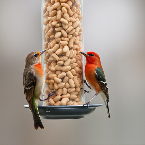 Birds eating peanuts from feeder