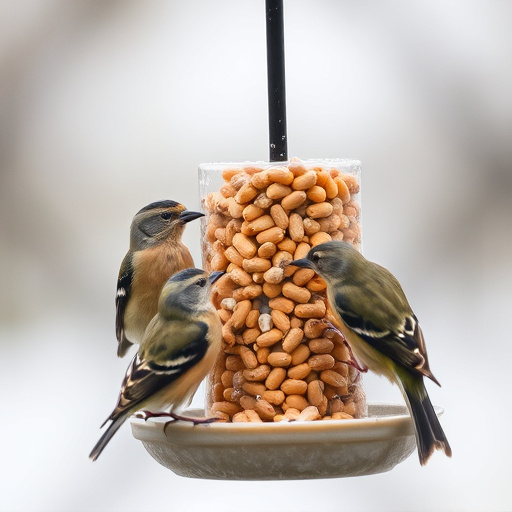 Birds eating peanuts from feeder