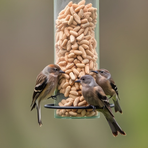 Birds eating peanuts from feeder