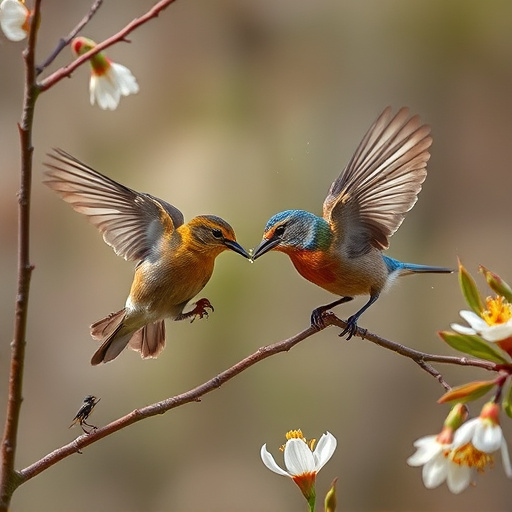 Birds eating soft insects in spring