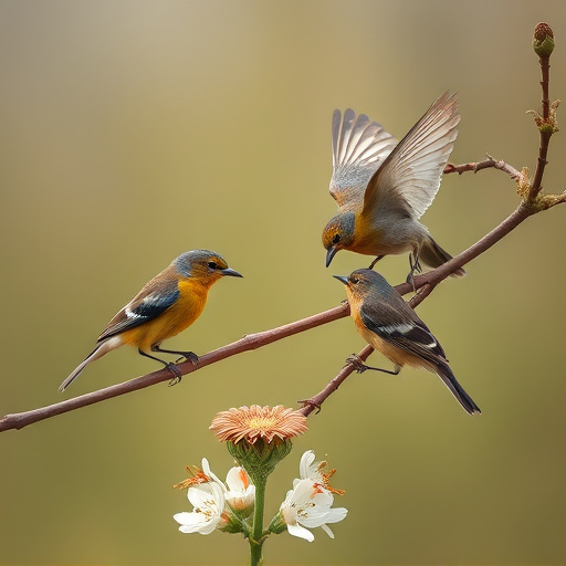 Birds eating soft insects in spring