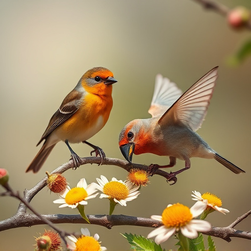 Birds eating soft insects in spring