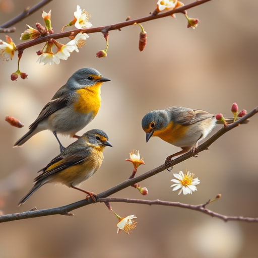 Birds eating soft insects in spring