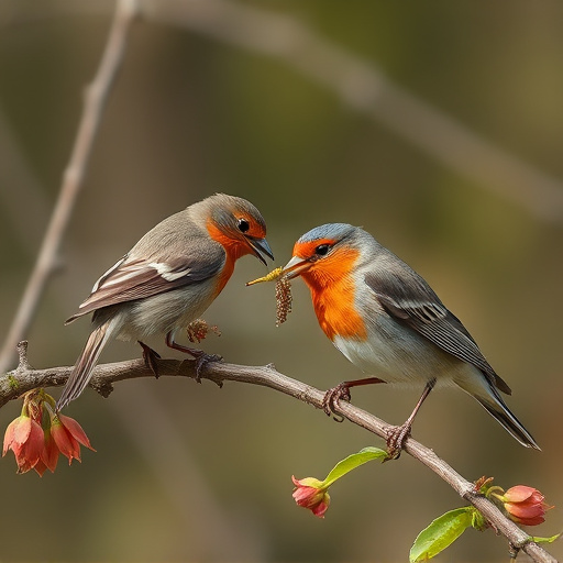 Birds eating soft insects in spring