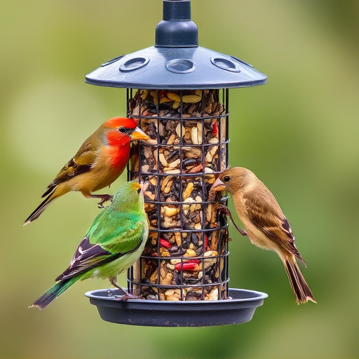 Birds eating tidy feeder seed blend