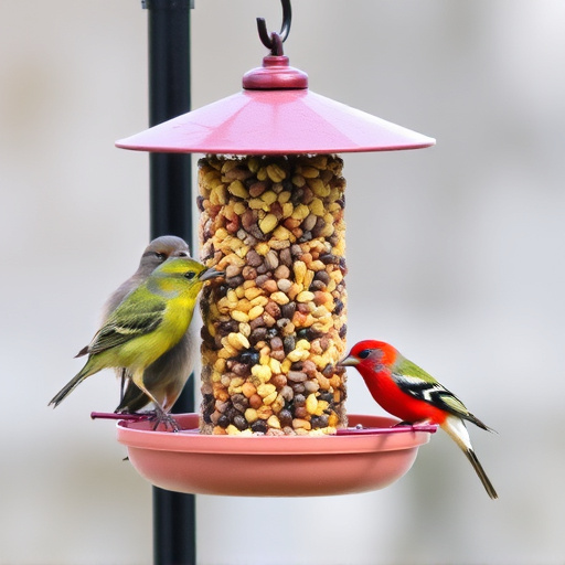 Birds eating tidy feeder seed blend
