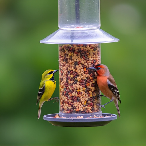 Birds eating tidy feeder seed blend