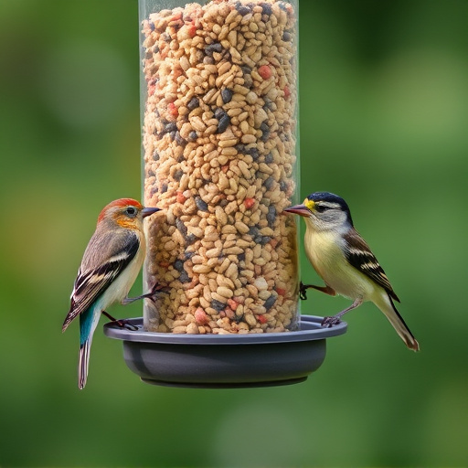 Birds eating tidy feeder seed blend