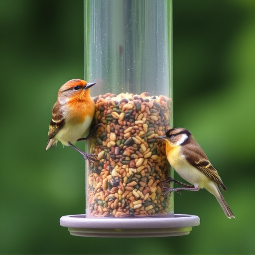 Birds eating tidy feeder seed blend