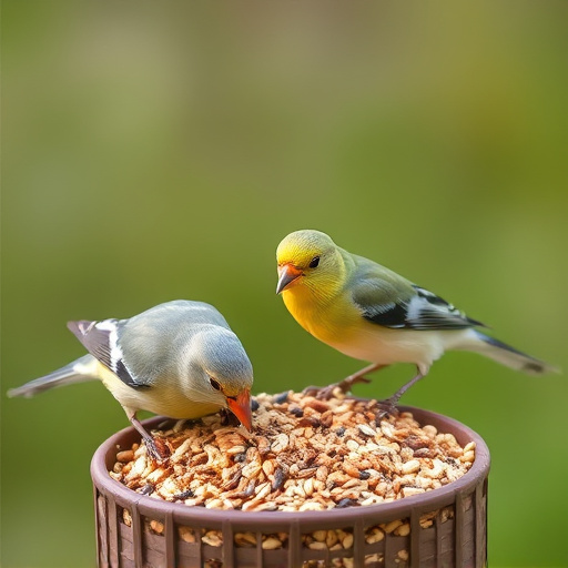Birds eating wheat-free seed mix