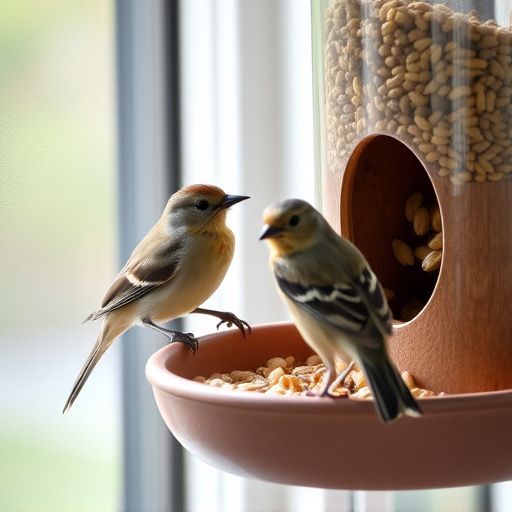 Birds enjoying seeds by window feeder