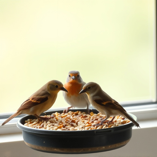 Birds enjoying seeds by window feeder
