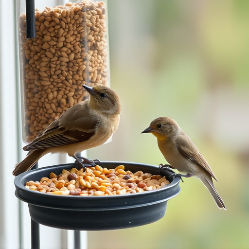 Birds enjoying seeds by window feeder