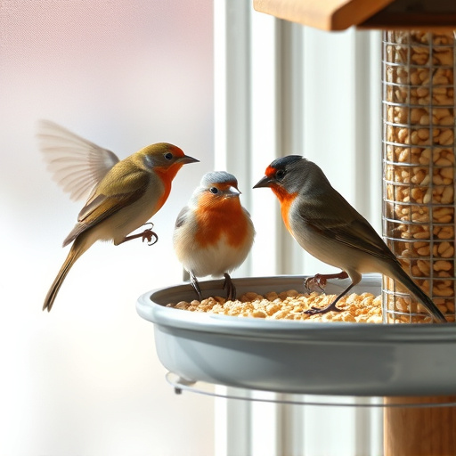 Birds enjoying seeds by window feeder
