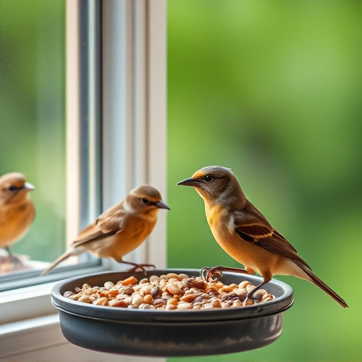 Birds enjoying seeds by window feeder