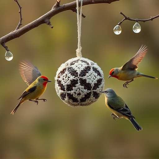 Birds enjoying suet balls outdoors
