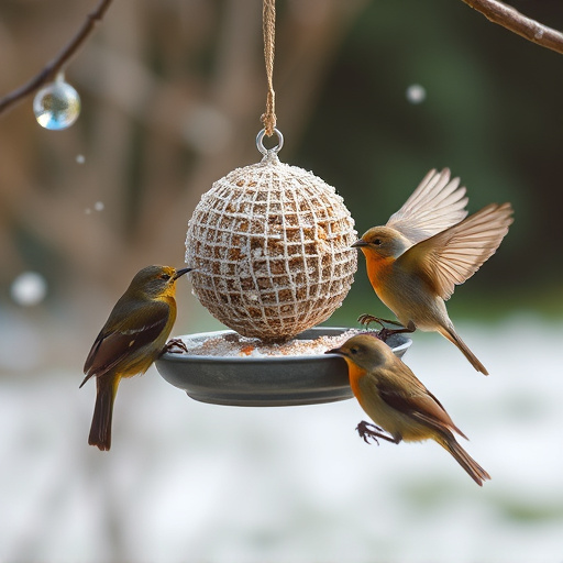 Birds enjoying suet balls outdoors