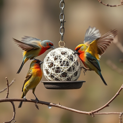 Birds enjoying suet balls outdoors