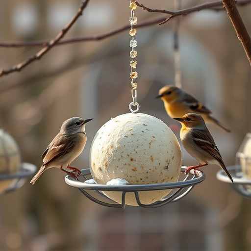Birds enjoying suet balls outdoors