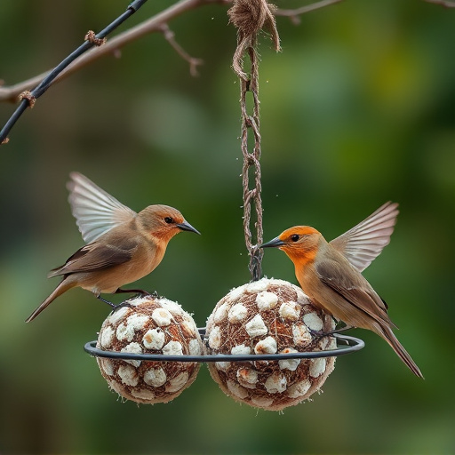 Birds enjoying suet balls outdoors