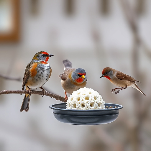 Birds enjoying suet balls outdoors