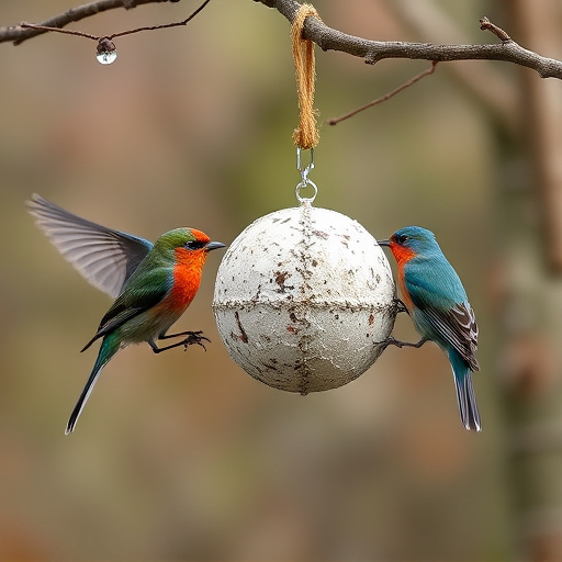 Birds enjoying suet balls outdoors