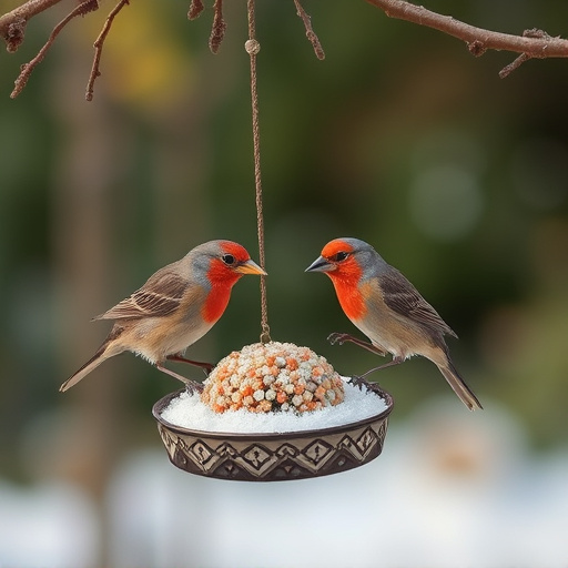 Birds enjoying suet balls outdoors