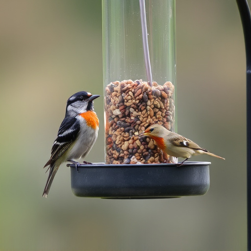 Birds feeding from hanging seed feeder