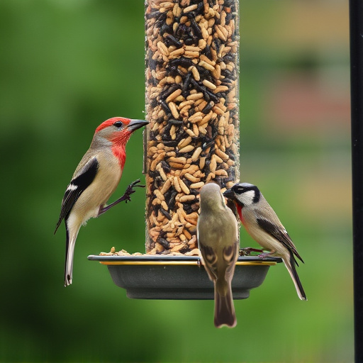 Birds feeding from hanging seed feeder
