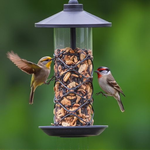 Birds feeding from hanging seed feeder