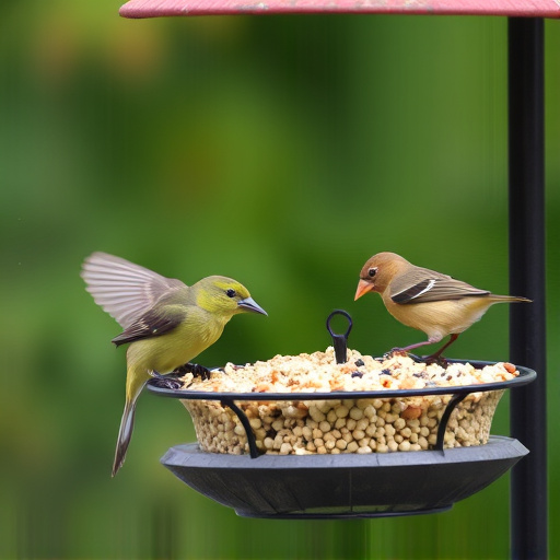 Birds feeding from hanging seed feeder