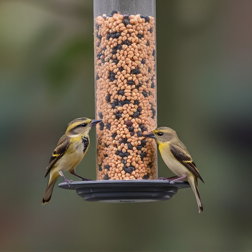 Birds feeding from hanging seed feeder