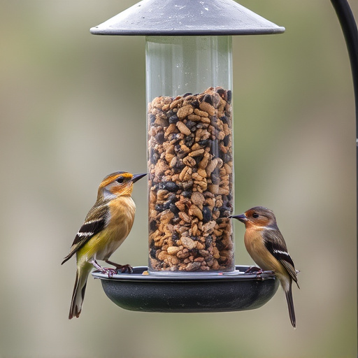 Birds feeding from hanging seed feeder