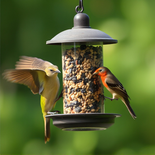 Birds feeding from hanging seed feeder