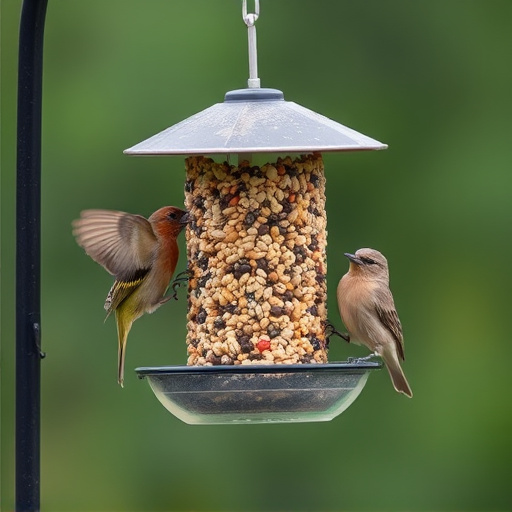 Birds feeding from hanging seed feeder