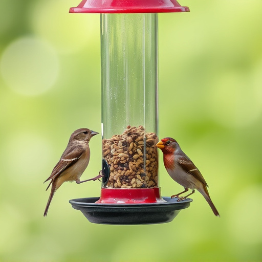 Birds feeding from hanging seed feeder